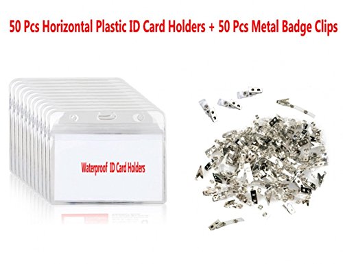 Sunreek - 50 protège-badges en plastique transparent - Horizontal - Pour badge, carte d'identité - 50 attaches en métal avec clips - Sangles en PVC