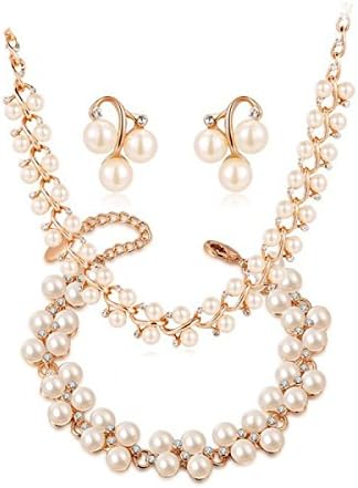 Fashion Features Rose Gold Pearl Set Necklace Earrings,RoseGold-OneSize