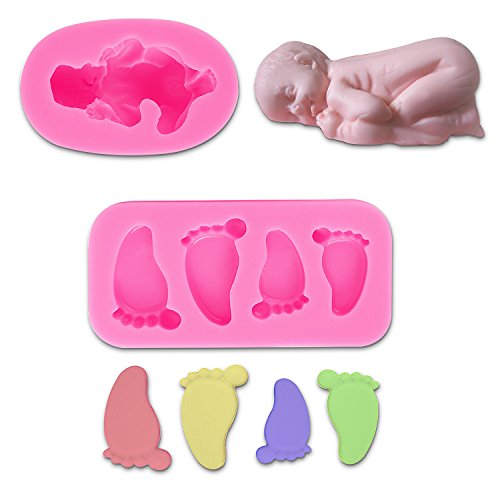 SUNJAS 2tlg Baby Geburt Silikon Ausstecher Ausstechform Torten Fondant Kuchen Marzipan Backen Stempel Set Kit Deko