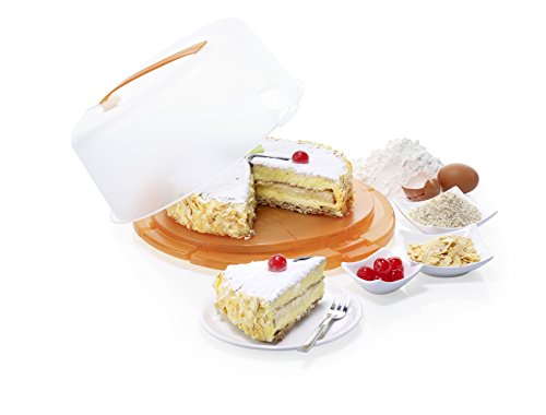 Rotho 1720102217 Tortenglocke Kuchenbutler Cool und fresh aus Kunststoff PP, ideal zum Transportieren Kühlen von Torten, mit Tragegriff Kühlkissen, circa 38 x 34 x 16 cm, transparent / orange - 5