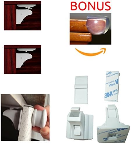 Baby Magnetic Cabinet Locks Child Safety Locks for Cupboards Keep a Safety Kitchen for Your Children 4 Childproof Magnetic Locks + 1 Key. No tools or Screws Needed! Ideal For Kitchen Bathroom Cabinets. BONUS 4 Corner Protectors.