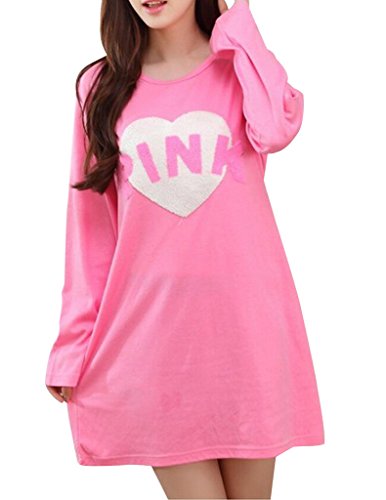 VENTELAN Women's Cute Pink Print Sleepwear Dresses Long Sleeve Loose Fit Pyjamas