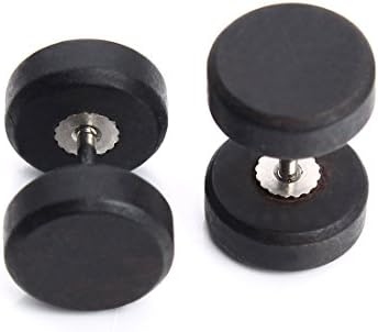 Sauvoo Beads 6 Pair Mens 8/10mm Black Wood Dumbbell Barbell Earrings Fashion Stainless Steel Double Side Earring Body Piercing (8mm black)