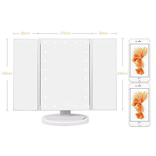 Dimmbare Tri-Fold Make-up-Spiegel mit 21 LED-Leuchten 180° frei drehbare Arbeitsplatte 1X & 2X & 3X Vergrößerungs-Kosmetikspiegel für Travel Home Badezimmer USB-oder batteriebetrieben(Weiß) - 6