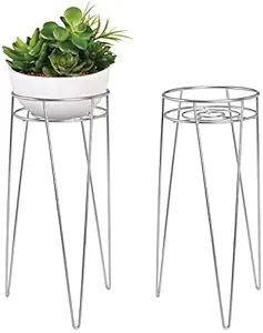 Weston Crafts Steel Planter Stand Modern Flower Pot Stand - Steel Succulent and Plant Pot Holder - Minimalist Outdoor & Indoor Plant Holder - Hairpin Legs - Sturdy - Chrome - Set of 2