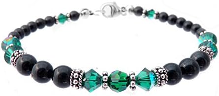 DAMALI 925 Silver Faux Black Pearl Crystal Beaded Bracelets Simulated Green Emerald May Birthstone Bracelets Small 6.5 In.