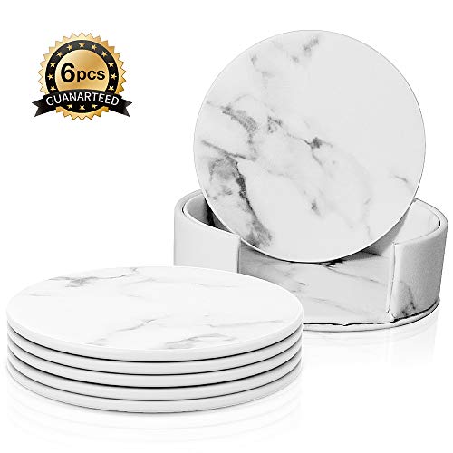 OMID Posavasos para bebidas, juego de 6 posavasos con soporte, resistente al calor, almohadillas antideslizantes de piel sintética para café, cerveza, vino, botella, bar en casa