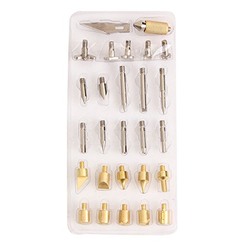28PCS Brandmalerei Lötkolben Set, GOCHANGE Brandmalkolben 15 x Holz Brennen, 10 x Löten Tipps, 2 x Schablonen, 1 x Schneidmesser mit Metall Spannzange für Pyrographie, Carving - 4