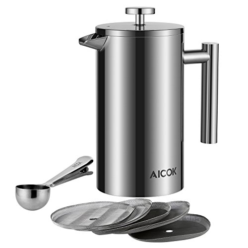 Aicok Cafetiere French Press Stainless Steel Double Wall Coffee Maker, Coffee & Espresso Filter, Tea Pot 8 Cups 1L / 34 oz