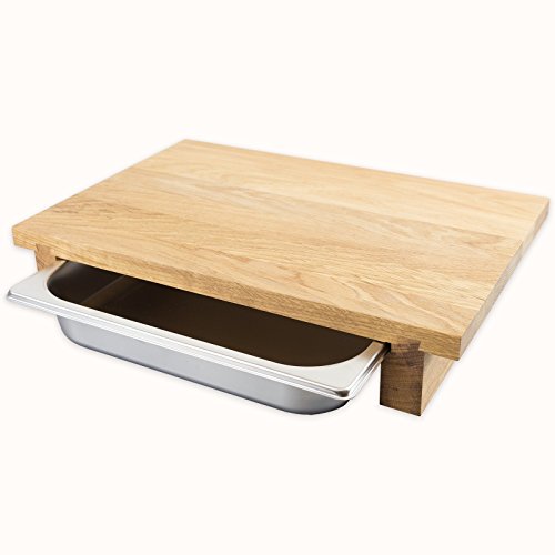 cleenbo Schneidbrett "classic oak GN" Profi Holz Küchenbrett aus geölter Eiche mit verschiebbarer Gastronorm Edelstahl Auffangschale (GN) 1/2, Board Maße: 420 x 290 x 75 mm