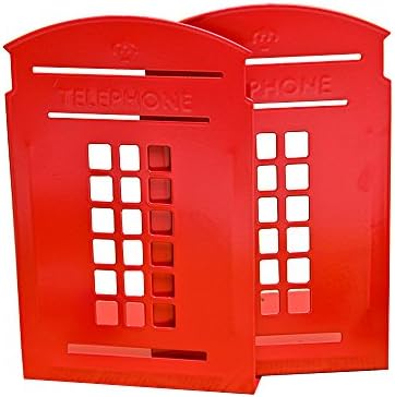 Super44day One Pair British Style London Telephone Booth Kiosk Thickening Iron Library Office Home School Study Metal Book End Bookends (Red London Telephone Booth)