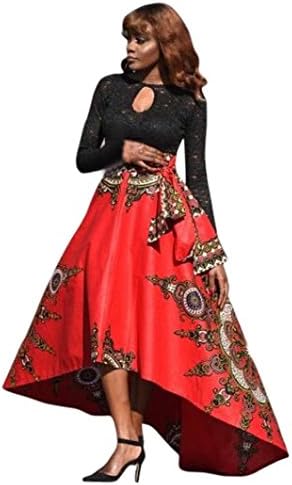 Lenfsh Women Half Body Skirt, New African Printed Ball Gown Long Dress Evening Party Maxi Skirt (L, Red)