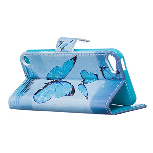 iPod Touch 5G Bunte Ledertasche,iPod Touch 6G Schutzhülle Brieftasche, Aeeque® Flip Bookstyle Schick Blau Schmetterling Muster mit Weich Silikon Innere Standfunktion Kartenfächer Magnetverschluss PU Leder Handytasche Etui Schutztasche für iPod Touch 5 / 6 - 3