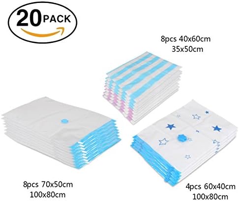 Hicollie 20pcs Set Vacuun Bags Compression Storage Space Saver Bags for Clothes Bedding Pillows Blankets Travel Sealer Bags - 8xSmall + 7xMedium + 5xLarge