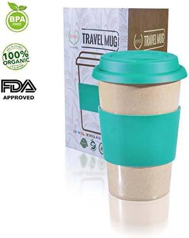 16oz Reusable To Go Sea Green Travel Mug Leak proof with Lid &amp; Heat Resistant Non slip Grip. Made with 100% Organic Eco friendly Biodegradable Material FDA approved BPA free. FREE recipe eBook included