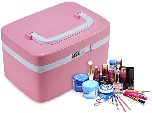FINE DRAGON Portable Cosmetic Organizer Storage Box Make Up Cosmetic Case Makeup Case with Numeric Lock (Pink)