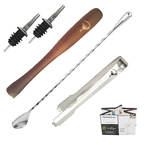 Bartender Wesentliche Tool Kit für Cocktailshaker - Professionelle Gewichteten Bar Löffel 30cm, Holz Muddler 25cm, 2 Ausgießer und Eiszange - Premium Qualität