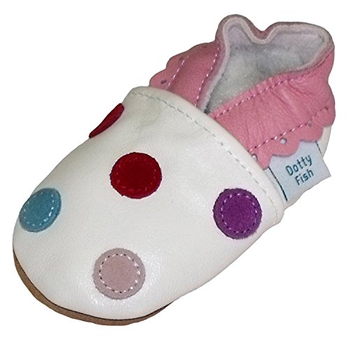 Soft Leather Baby girl Shoes with Suede Soles by Dotty Fish White Multi Coloured Spotty design - 12-18 months