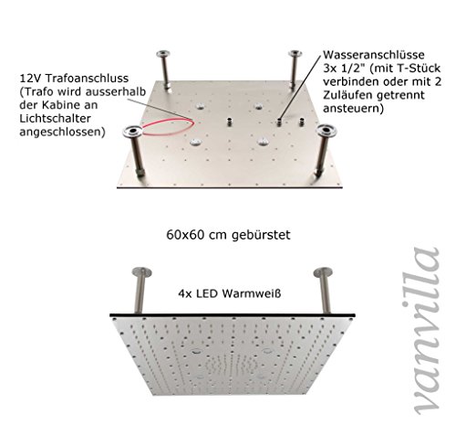 vanvilla LED Duschkopf Slim Design 60cm x 60cm Edelstahl gebürstet Regenbrause Regendusche 851S - 2