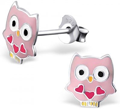 JewellerybyZ Owl 925 Sterling Silver and Epoxy Hypoallergenic Ear Studs 8mm x 8mm (Nickel Free and Safe for Sensitive Ears) - Pink