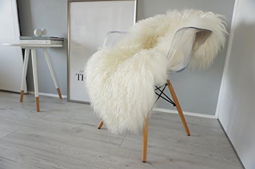 Genuine Rare Mongolian Style Icelandic Sheepskin Rug - Soft Silky Curly Long Wool - Natural Cream / White / Ivory mix