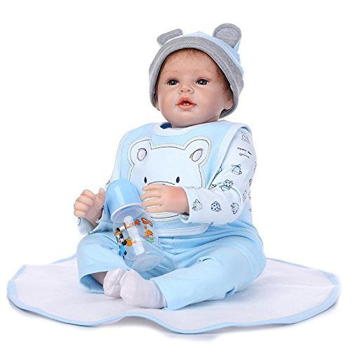 NPKDOLL Reborn Baby Doll Soft Silicone Vinyl 22inch 55cm Magnetic Mouth Lifelike Boy Girl Toy Blue Bear Bib A1UK
