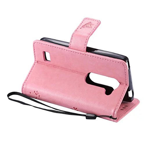 LG LEON LTE / C40 / H340N H320 Hülle Rosa im Retro Wallet Design,Cozy Hut LG LEON LTE / C40 / H340N H320 Hülle Leadertasche Premium Lederhülle Flip Case im Bookstyle Folio Cover Kartenfächer Magnetverschluss und Standfunktion Leder Schale Etui für LG LEON LTE / C40 / H340N H320 (4,5 Zoll) Handytasche Schutzhülle Katzen und Bäume Muster – rosa - 6