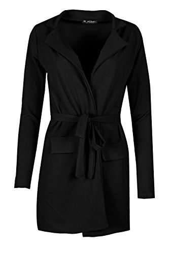 Womens Ladies Crepe Plain Open Front Collard Belted Pockets Duster Cardigan