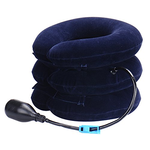 V-EWIGE Blue Whole Velvet Air Cervical Neck Traction Soft Brace Device Unit for Headache Head Back Shoulder Neck Pain Cervical Traction Inflatable Neck Support Brace Traction Control