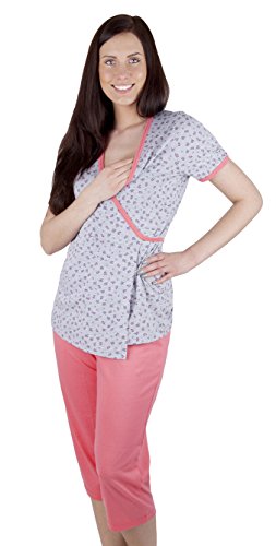 Maternity nursing 100% cotton 2-peace Pyjama Set (S, Apricot with flowers)