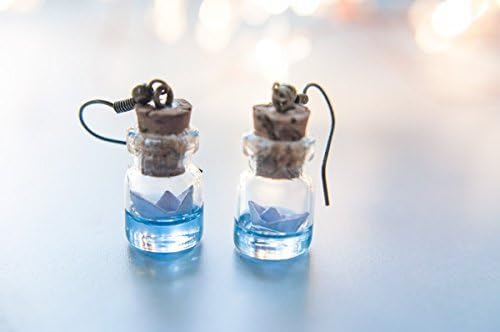 Paper boat bottle earrings. delicate earrings. ocean in a bottle earrings. miniature bottle earrings, gifts for women, glass ocean jewelry