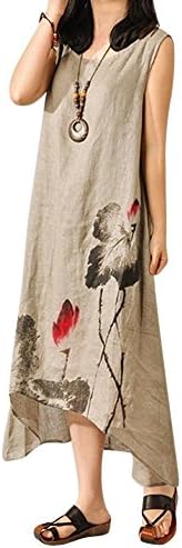 Ecotrumpuk Women Boho Loose Cotton Linen Sundress A-Line Shirt Tank Dress 2XL Grey