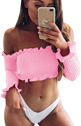 iHee Womens Bardot Off Shoulder Ribbed Long Sleeve Crop Tops Frill Shirt Sexy Blouse (M, Pink)