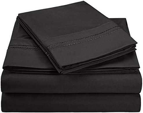 Superior 3000 Series Super Soft and Wrinkle Resistant Microfibre 4-Piece Bed Sheet Set with 2-Line Embroidery in Gift Box, King, Black