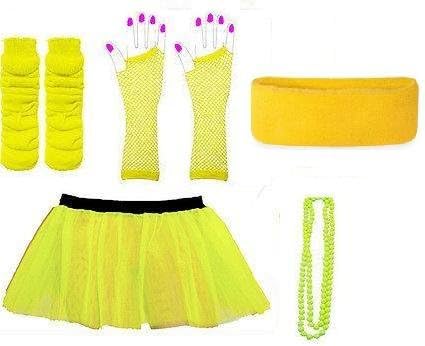 (RB Fashions Clothing)1980's Adult Neon Five Piece Fancy Dress Tutu Set Tutu,Headband,Fishnet Gloves,Legwarmers,Beads Hen and Stag Night Party (Yellow)