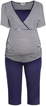 Herzmutter Maternity Pajamas-Nightwear For Pregnant Women - Pajamas-Nightwear Short Style - Out Of Viscose, Striped-Maritime or Lace, Blue and White, 2500_2600 (White Blue, M)