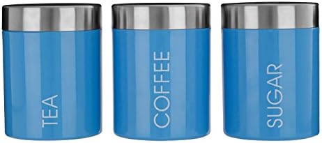 Funky Enamel Rubber Sealed Tea, Coffee and Sugar Set, Set of 3 Canisters Jars by Apollo Furnishings (Blue with Silver Lid)