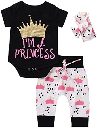 Injoy Clothes Baby Girl 3PCS Clothes Set with Crown Design Romper + Long Pants + Headband for Toddlers Little Girls, Size S Fits 0-3 Months
