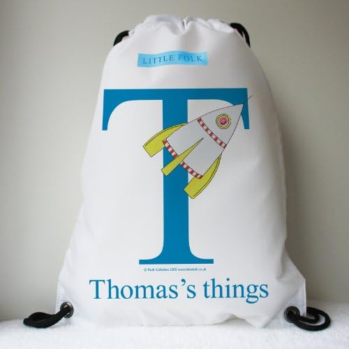 Little Folk Personalised Drawstring Swimming, School, PE Bags for Girls &amp; Boys - Zoom the Little Rocket from the Alphabet Range - made with any name and initial in pink, lilac, green or blue lettering