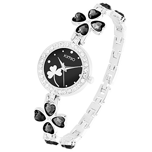 Taffstyle Damen Armbanduhr mit weißen Kristallen am Rand und Kleeblatt im Ziffernblatt - Silber / Schwarz Taffstyle Damen Armbanduhr mit weißen Kristallen am Rand und Kleeblatt im Ziffernblatt - Silber / Schwarz