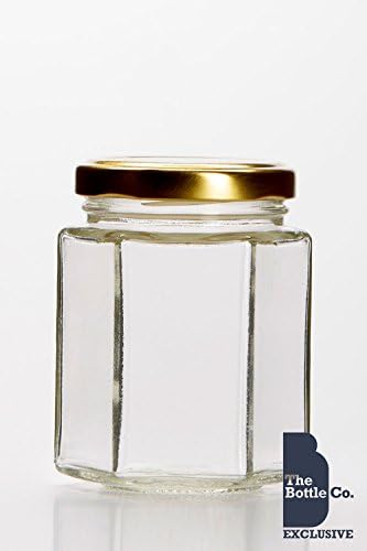 BOTTLE COMPANY 72 x 8OZ/190ML APPROX HEXAGONAL GLASS JAM JARS,CHUTNEY,PRESERVE,PICKLE,CANDLE,SWEET,HONEY,WEDDING FAVOURS JAR C/W GOLD LIDS