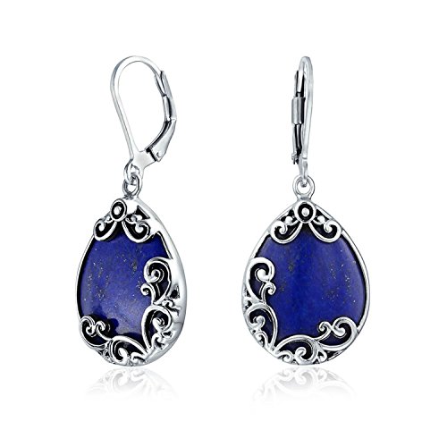 Boho Western Birthstones Semi Precious Gemstone Large Flat Teardrop Filigree Scroll Lever Back Dangle Earrings For Women Oxidized .925 Sterling Silver