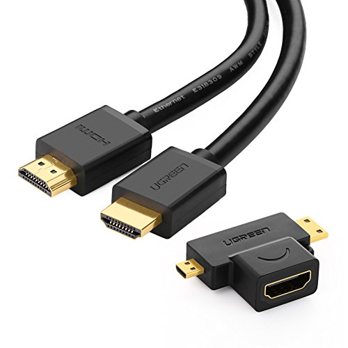 UGREEN 2m HDMI Kabel inkl. HDMI Adapter, HDMI Buchse zu mini HDMI Stecker mit HDMI auf Micro HDMI Adapter Vergoldet Kontakte, Ethernet, 3D, 4K für Full HD
