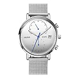 Herren Uhren, L'ananas Männer Minimalistischer Stil Kalender Anolog Quarz Mesh-Armband Armbanduhr mit Geschenkbox Men Watches Wristwatch (Pures Silber)