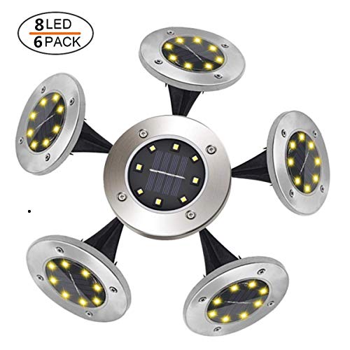 Geek Up 6Pcs 8Leds Luces Solares Para Exterior Jardin,100LM Luz Cálida IP65 Focos Led Exterior Solar Acero Inoxidable Luz De Jardin Lámparas Suelo Iluminación Para Decoración De Patio