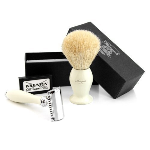 Haryali london Hand Assembled Sophist Collection Elegantly Designed White Badger Hair Shaving Brush With Safety Razor & Pack Of Wilkinson Blades.