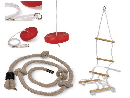 Equilibre et Aventure  Lot Complet 1 balançoire Ronde + 1 échelle de Corde à 5 barreaux en Bois + 1 Corde à Noeuds pour Tout portique standart