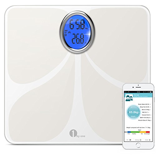1byone Báscula corporal digital con App para tablet y móvil para controlar su peso, mide el peso corporal, agua corporal, grasa corporal, IMC, BMR, masa muscular, masa ósea y grasa visceral