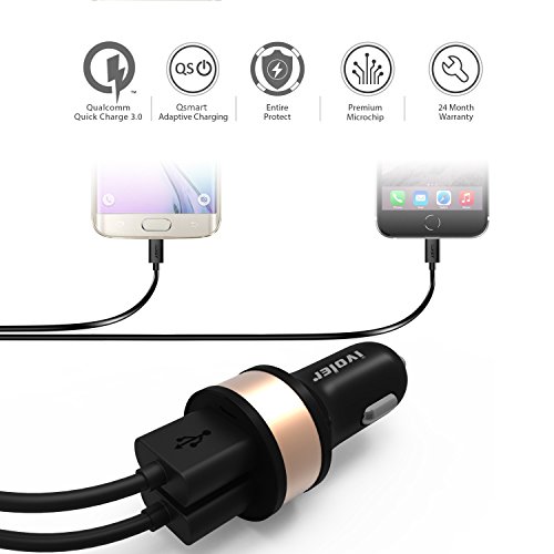 iVoler Quick Charge 3 0 30W 2 Puertos USB Cargador de Coche  QC 3 0 Puerto   Qsmart Puerto 5V 2 4A  con 2 en 1 Cable Cargador Micro USB y Tipo C para Samsung Galaxy S9 S9 Plus S8 S8  S7 S7 Edge  S6 S6 Edge   Note 8 5 4 Edge  LG G6 G5 G4  Asus Zenfone 4 3 2  HTC 10  One A9 M8 M9  Nexus 6  Xiaomi Mi 6 5  Huawei  Motorola Android smartphone  Tablette  iPhone  iPad  Batteries Externes  Chargeur Portable  etc  - Negro Oro
