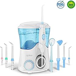 Hydropulseur Jet Dentaire Electrique, Apiker Irrigateur Dentaire Professionnel Portable avec 8 Buses Multifonctionnelles et 10 Pressions Différentes pour Soins d'hygiène Buccale- 600ml (Blanc)
